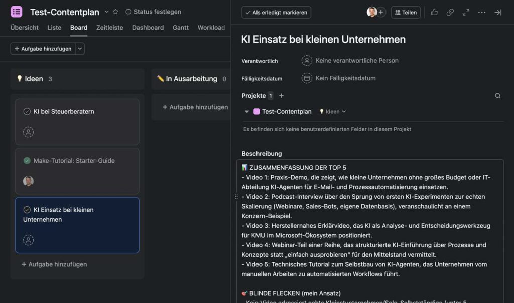 Asana-Karte mit der fertigen Content-Recherche
